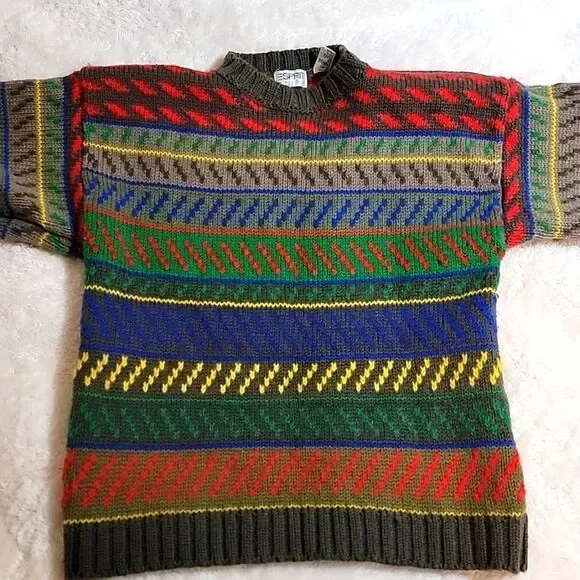 Vintage Espirit Sport Fair Isle Multicolor sweater 100% wool Small made in Korea - Picture 1 of 14